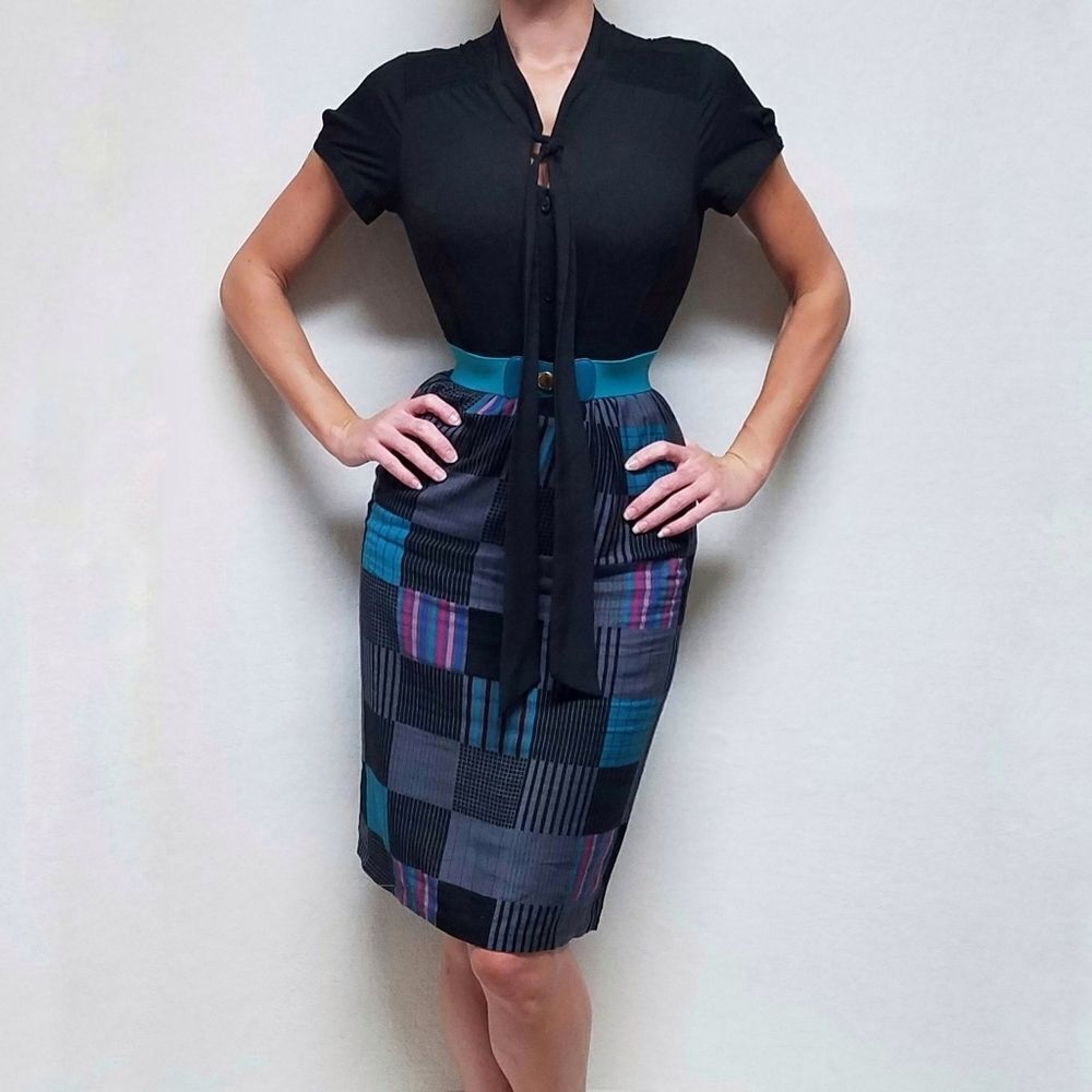 Ms. Interpret Vintage 70s Black Lavallière Patchwork Pencil Skirt Belted Outfit - Picture 2 of 16